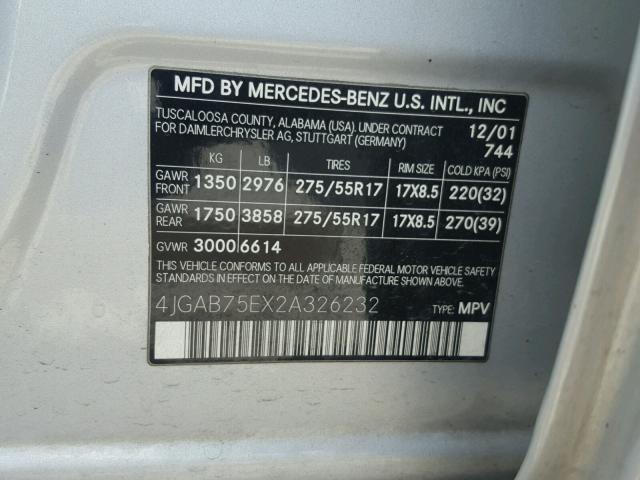 4JGAB75EX2A326232 - 2002 MERCEDES-BENZ ML 500 SILVER photo 10