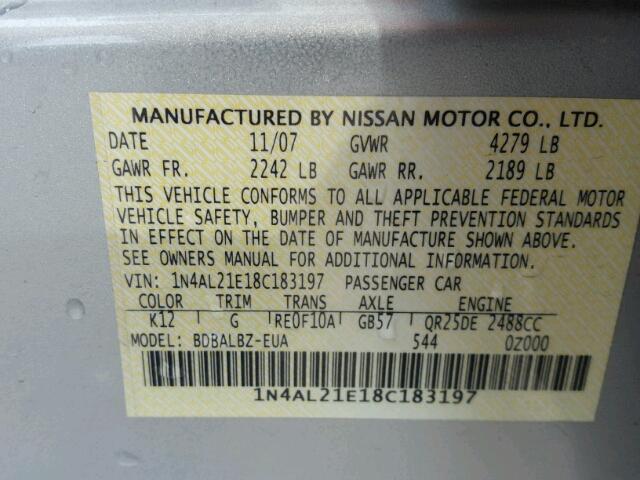 1N4AL21E18C183197 - 2008 NISSAN ALTIMA 2.5 SILVER photo 10