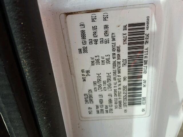1B7KF2362WJ212582 - 1998 DODGE RAM 2500 WHITE photo 10