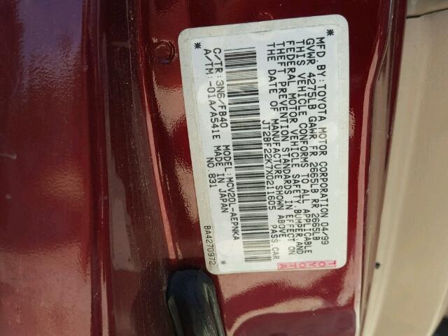 JT2BF22K7X0211605 - 1999 TOYOTA CAMRY LE 勃艮第红 照片 10