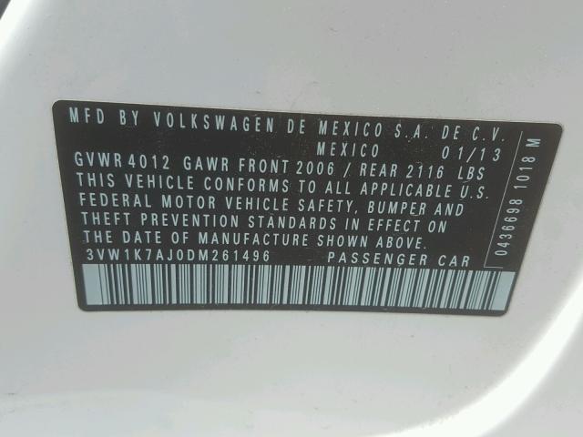 3VW1K7AJ0DM261496 - 2013 VOLKSWAGEN JETTA BASE 白色 照片 10