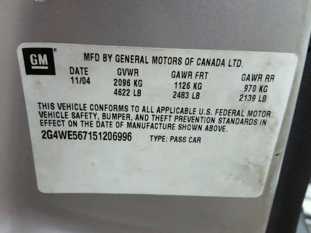 2G4WE567151206996 - 2005 BUICK LACROSSE C SILVER photo 10