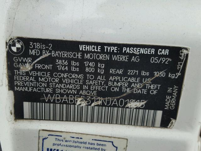 WBABE5311NJA01915 - 1992 BMW 318 IS WHITE photo 10