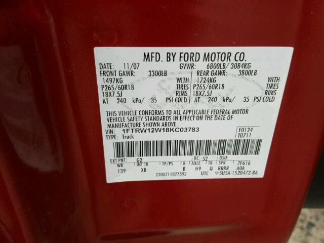 1FTRW12W18KC03783 - 2008 FORD F150 SUPER RED photo 10