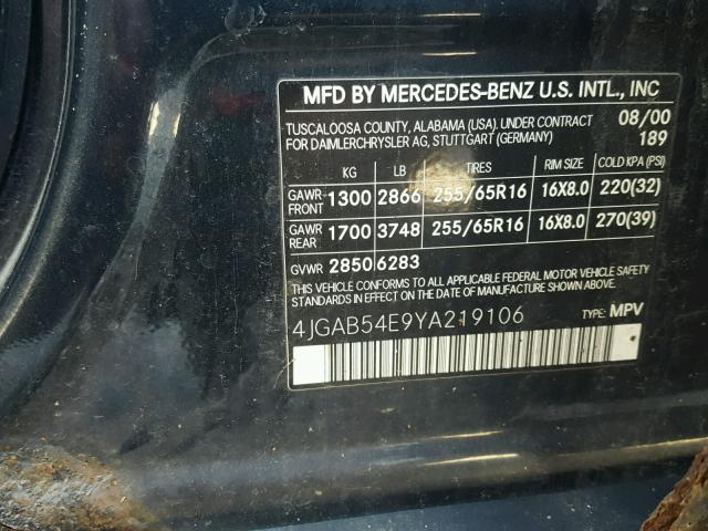 4JGAB54E9YA219106 - 2000 MERCEDES-BENZ ML 320 BLACK photo 10