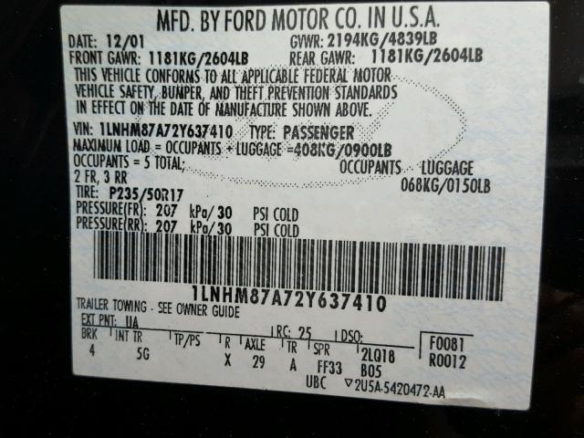 1LNHM87A72Y637410 - 2002 LINCOLN LS BLACK photo 10