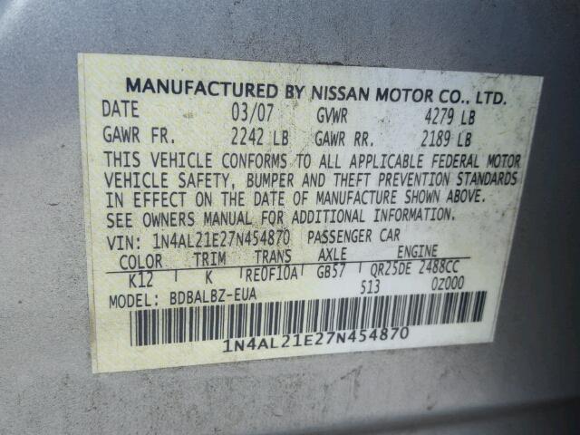 1N4AL21E27N454870 - 2007 NISSAN ALTIMA 2.5 SILVER photo 10