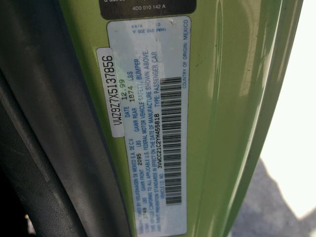 3VWCC21C2YM455818 - 2000 VOLKSWAGEN NEW BEETLE 绿色 照片 10