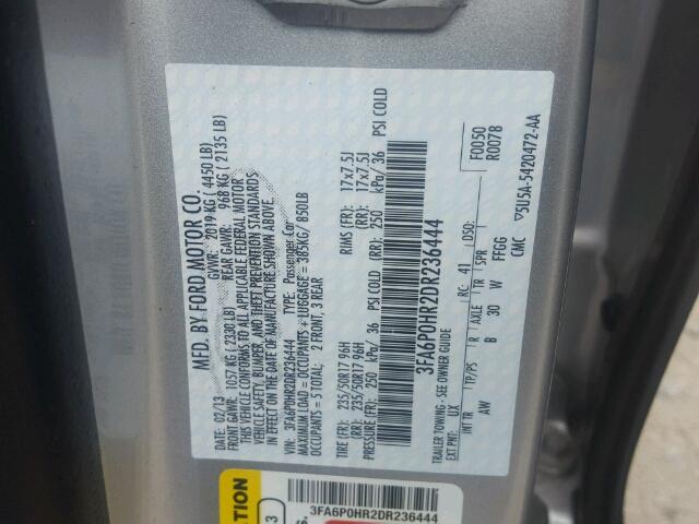 3FA6P0HR2DR236444 - 2013 FORD FUSION SILVER photo 10