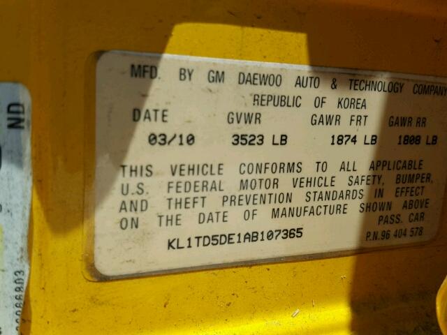 KL1TD5DE1AB107365 - 2010 CHEVROLET AVEO LS 黄色 照片 10