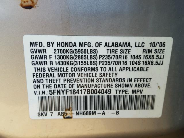 5FNYF18417B004049 - 2007 HONDA PILOT EX SILVER photo 10