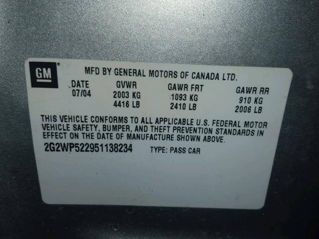 2G2WP522951138234 - 2005 PONTIAC GRAND PRIX SILVER photo 10