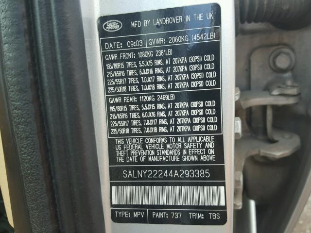 SALNY22244A293385 - 2004 LAND ROVER FREELANDER SILVER photo 10