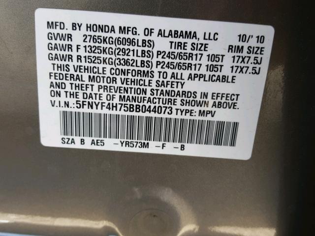 5FNYF4H75BB044073 - 2011 HONDA PILOT EXLN GOLD photo 10