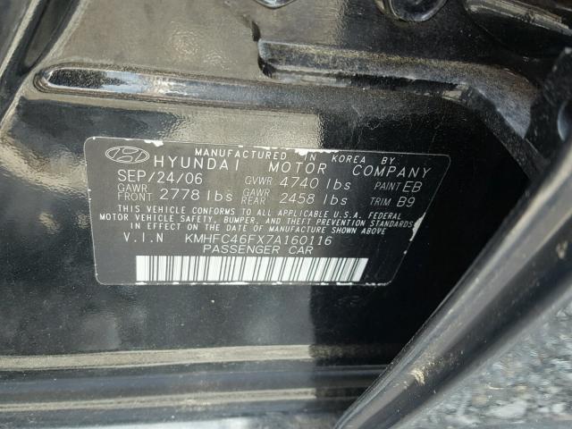 KMHFC46FX7A160116 - 2007 HYUNDAI AZERA SE BLACK photo 10