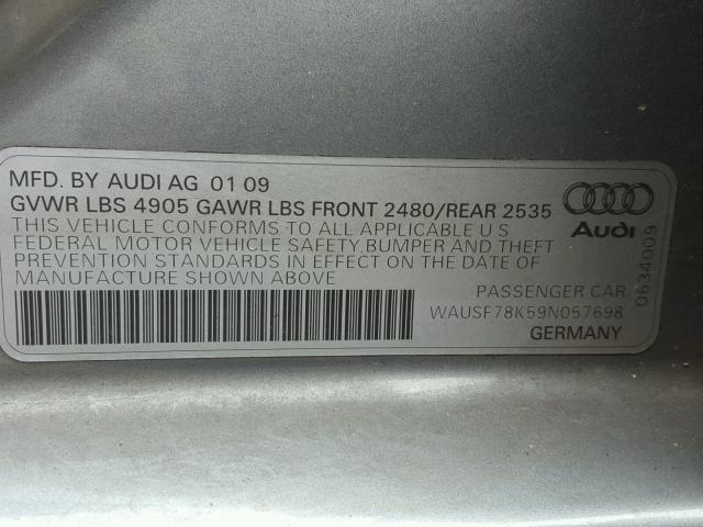 WAUSF78K59N057698 - 2009 AUDI A4 PREMIUM SILVER photo 10