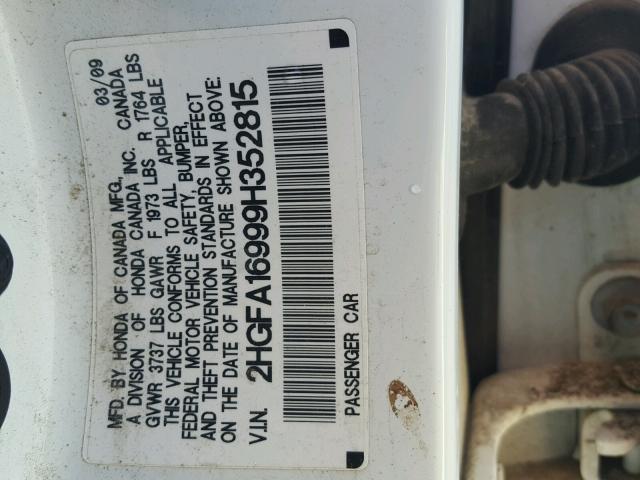 2HGFA16999H352815 - 2009 HONDA CIVIC EXL Ağ foto 10