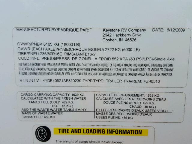 4YDF40521AF810239 - 2010 KEYSTONE MONTANA WHITE photo 10