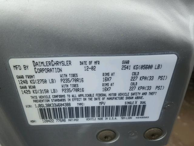 1J8GL38K33W604388 - 2003 JEEP LIBERTY RE 银色 照片 10