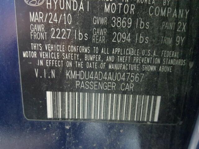 KMHDU4AD4AU047567 - 2010 HYUNDAI ELANTRA BL BLUE photo 10