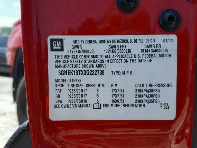 3GNEK13TX3G222788 - 2003 CHEVROLET AVALANCHE RED photo 10