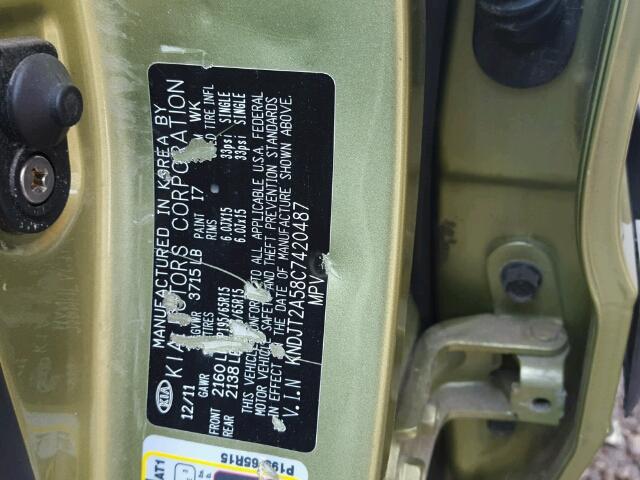 KNDJT2A58C7420487 - 2012 KIA SOUL GREEN photo 10