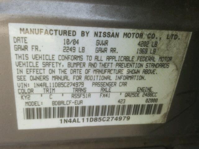 1N4AL11D85C274979 - 2005 NISSAN ALTIMA S BROWN photo 10