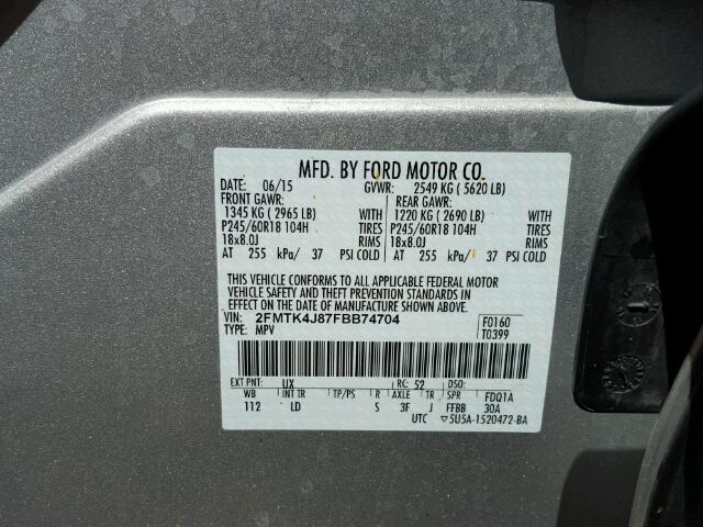 2FMTK4J87FBB74704 - 2015 FORD EDGE SEL A SILVER photo 10