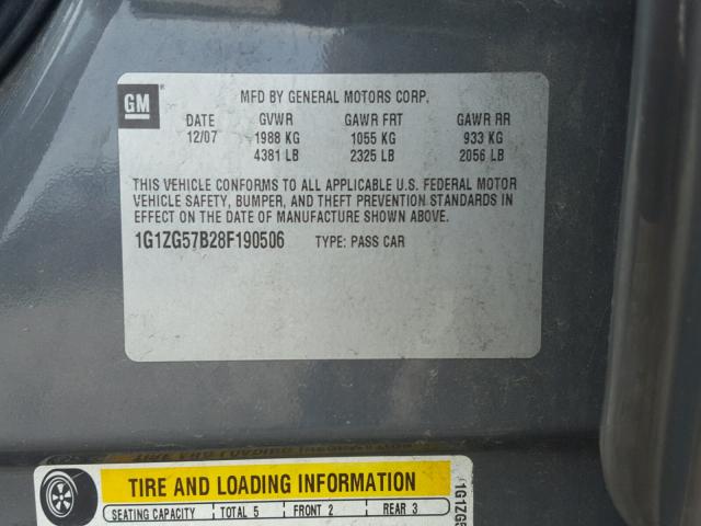 1G1ZG57B28F190506 - 2008 CHEVROLET MALIBU LS 灰色 照片 10