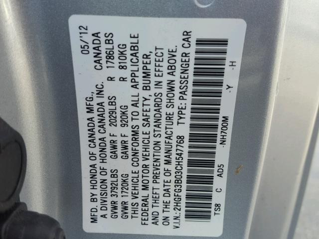 2HGFG3B03CH547768 - 2012 HONDA CIVIC EXL SILVER photo 10