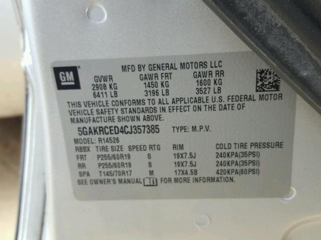 5GAKRCED4CJ357385 - 2012 BUICK ENCLAVE SILVER photo 10