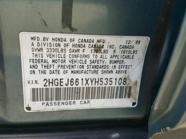 2HGEJ661XYH535108 - 2000 HONDA CIVIC BASE BLUE photo 10