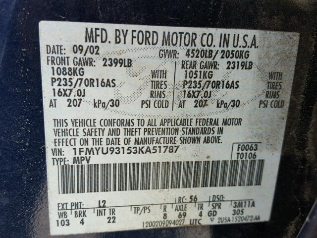 1FMYU93153KA51787 - 2003 FORD ESCAPE XLT BLUE photo 10