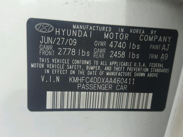 KMHFC4DDXAA460411 - 2010 HYUNDAI AZERA GLS WHITE photo 10