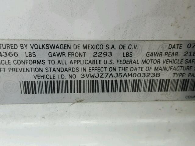 3VWJZ7AJ5AM003238 - 2010 VOLKSWAGEN JETTA S WHITE photo 10