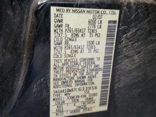 5N1AR18W87C633956 - 2007 NISSAN PATHFINDER BLACK photo 10