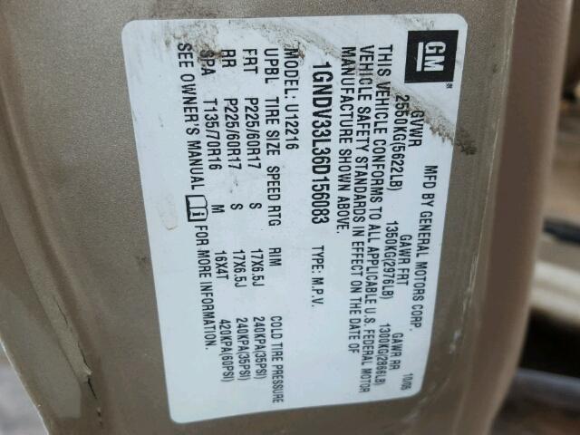 1GNDV33L36D156083 - 2006 CHEVROLET UPLANDER L 金色 照片 10