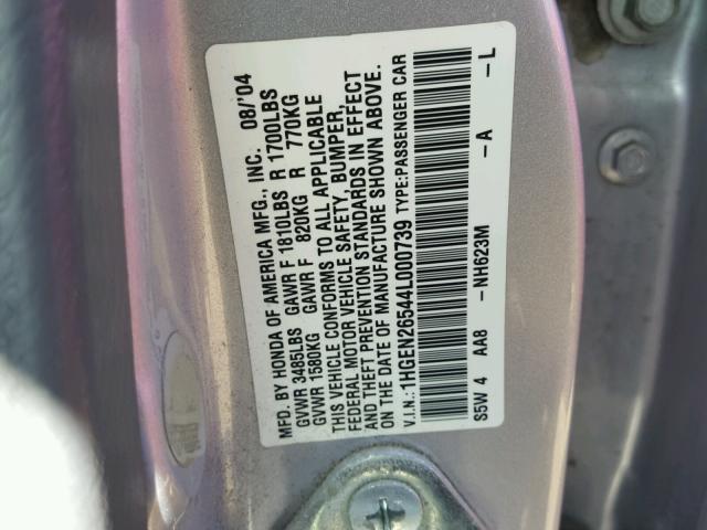 1HGEN26544L000739 - 2004 HONDA CIVIC GX SILVER photo 10