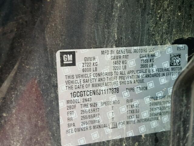 1GCGTCEN6J1117878 - 2018 CHEVROLET COLORADO L GRAY photo 10