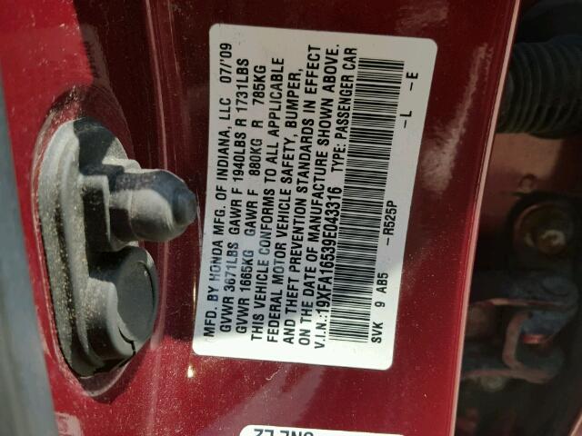 19XFA16539E043316 - 2009 HONDA CIVIC RED photo 10