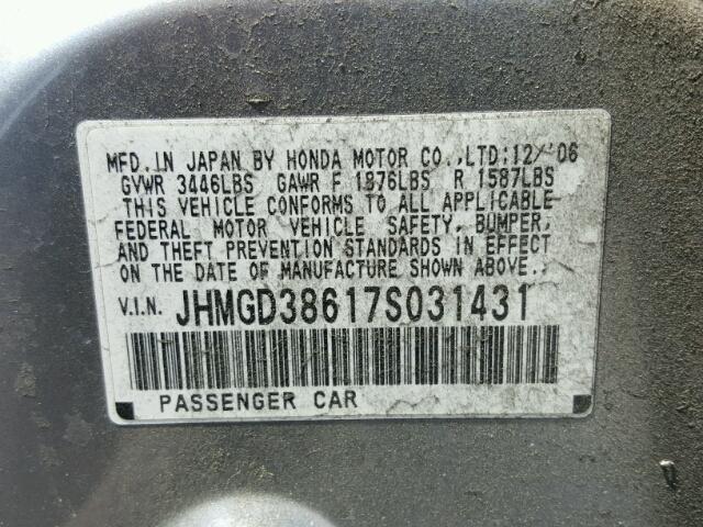 JHMGD38617S031431 - 2007 HONDA FIT S SILVER photo 10