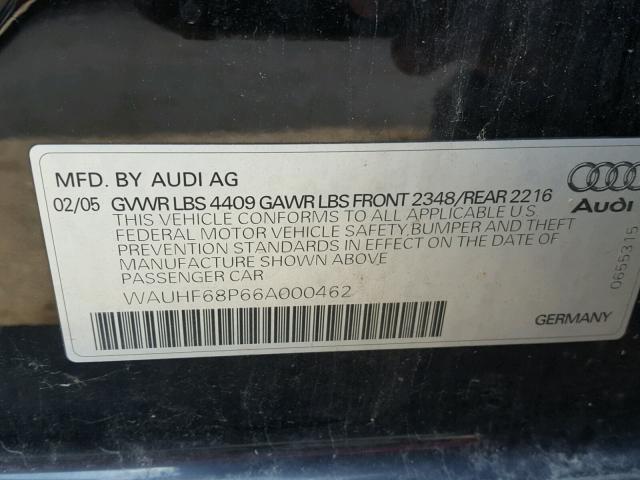 WAUHF68P66A000462 - 2006 AUDI A3 2 BLACK photo 10