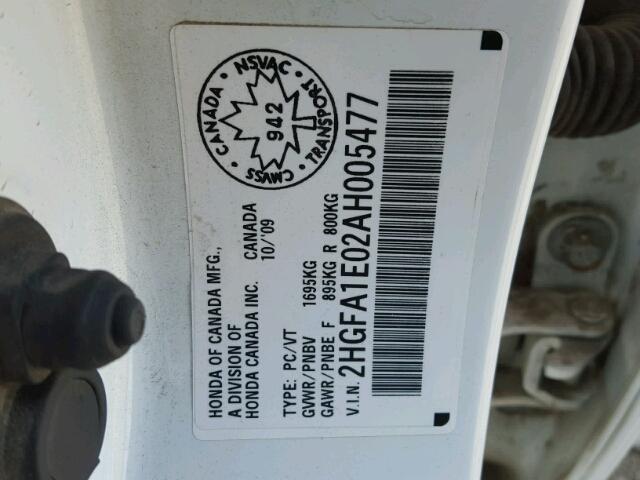 2HGFA1E02AH005477 - 2010 HONDA CIVIC EXL WHITE photo 10