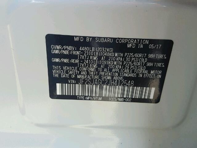 JF2SJAGC2JH412548 - 2018 SUBARU FORESTER 2 WHITE photo 10