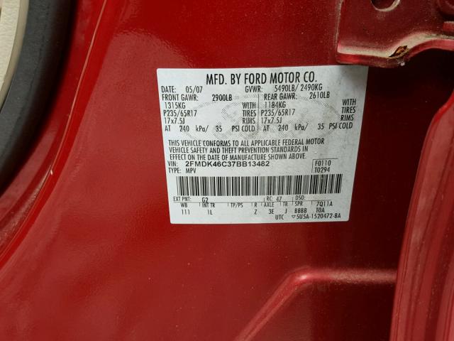 2FMDK46C37BB13482 - 2007 FORD EDGE SE RED photo 10