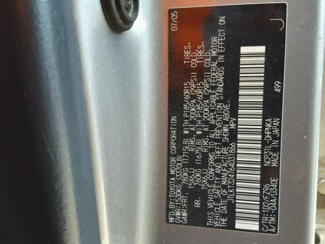 JTLKT324764031866 - 2006 TOYOTA SCION XB ვერცხლისფერი ფოტო 10