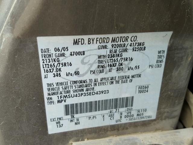 1FMSU43P35ED43923 - 2005 FORD EXCURSION GRAY photo 10