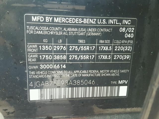 4JGAB75E93A385046 - 2003 MERCEDES-BENZ ML 500 BLACK photo 10