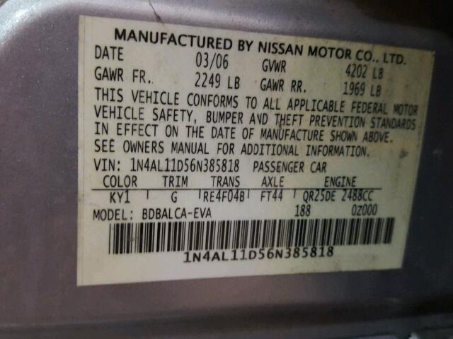 1N4AL11D56N385818 - 2006 NISSAN ALTIMA S SILVER photo 10