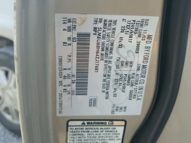 5LMEU68H64ZJ17681 - 2004 LINCOLN AVIATOR BEIGE photo 10